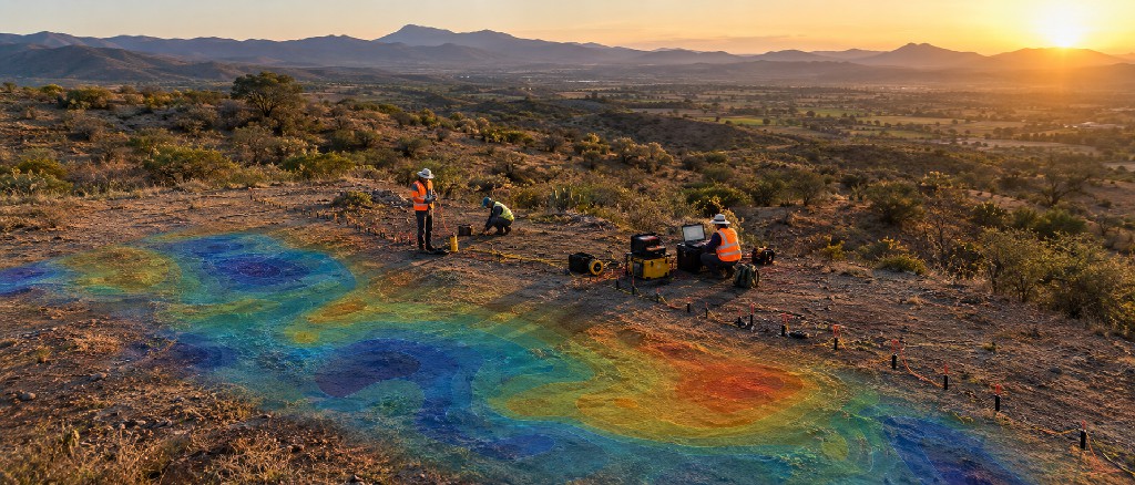 Equipo técnico realizando un estudio de búsqueda de agua subterránea con instrumentación geofísica en terreno mexicano