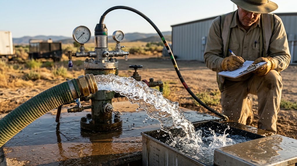 Prueba de aforo y bombeo en un pozo de agua profundo, con medición de caudal y nivel dinámico